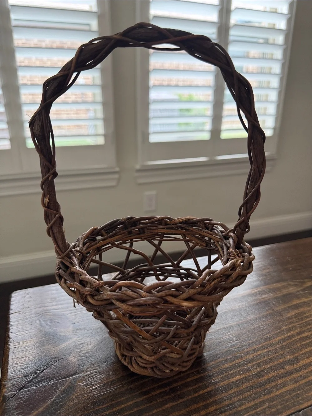 Woven Decorative Basket with Tall Handle in Brown